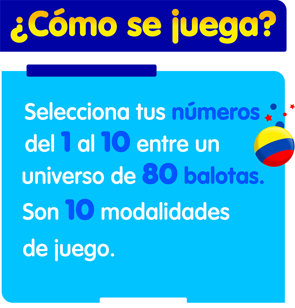 como se juega ¿Cómo se juega? Selecciona tus números del 1 al 10 entre un universo de 80 balotas. Son 10 modalidades de juego.